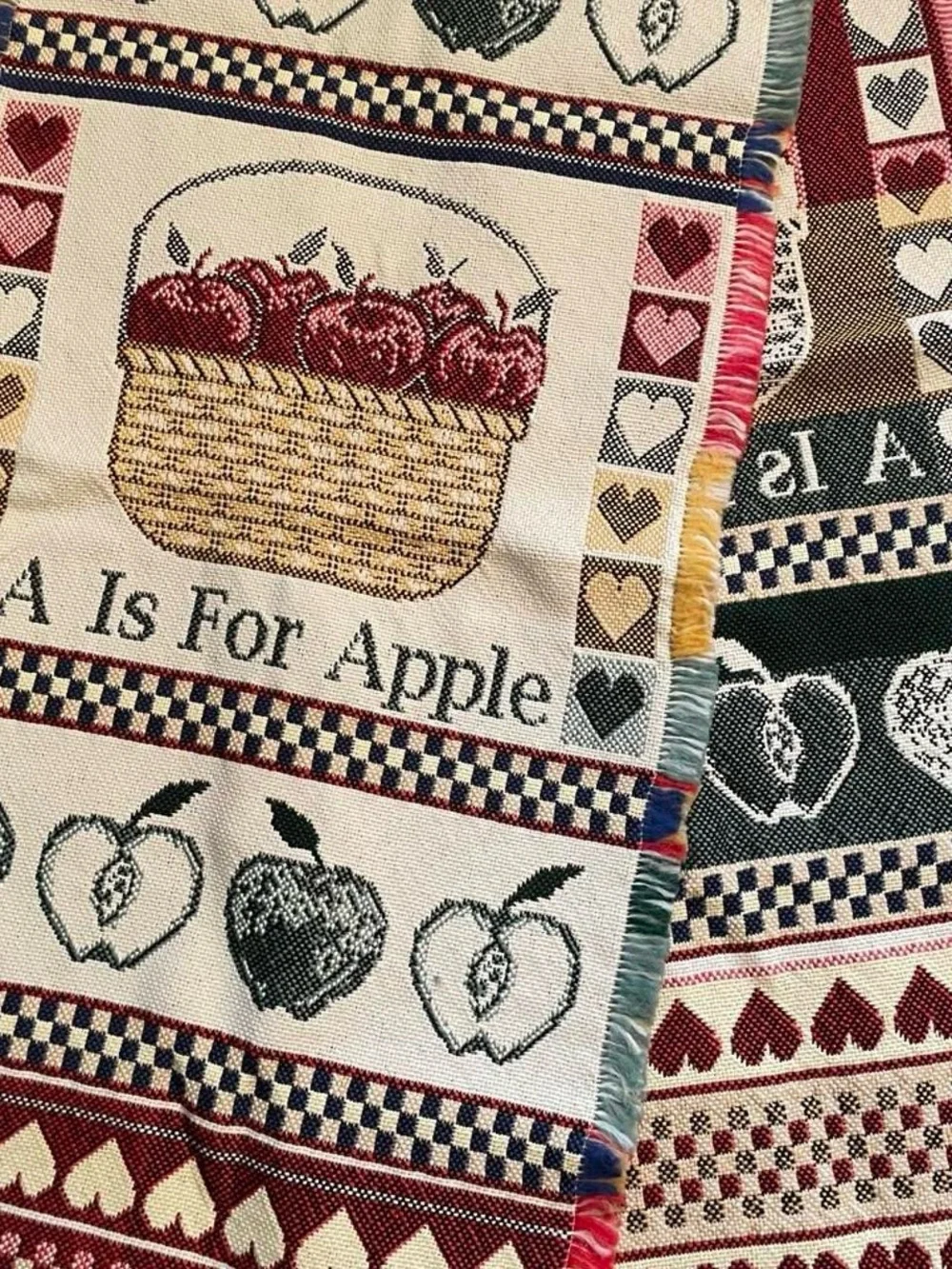 Vintage 90s Apple Sampler Tapestry Table Runner Fall Cottagecore Grannycore Red